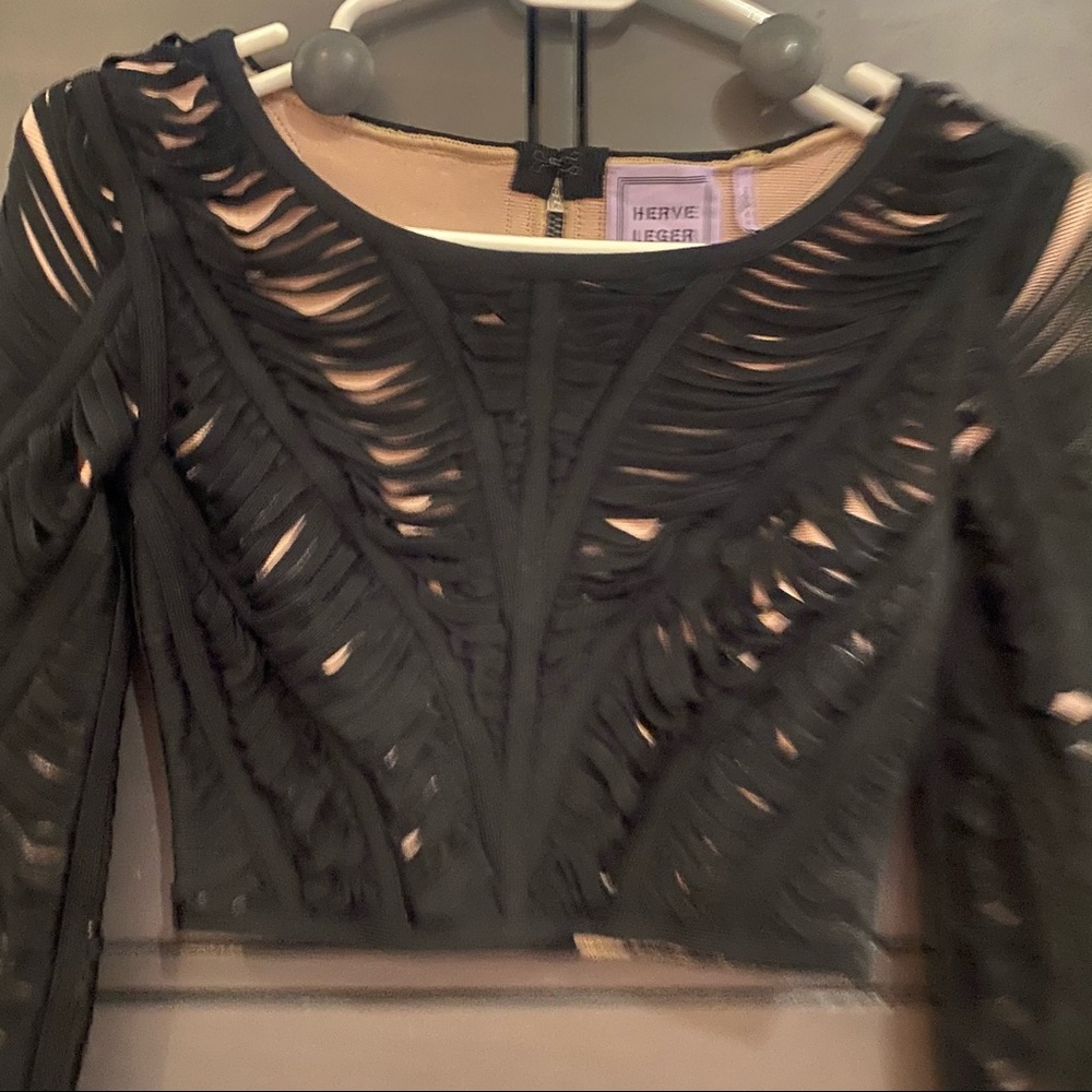Herve Leger Black Cutout Long Sleeve Crop Top with Nude Lining - Picture 2 of 14